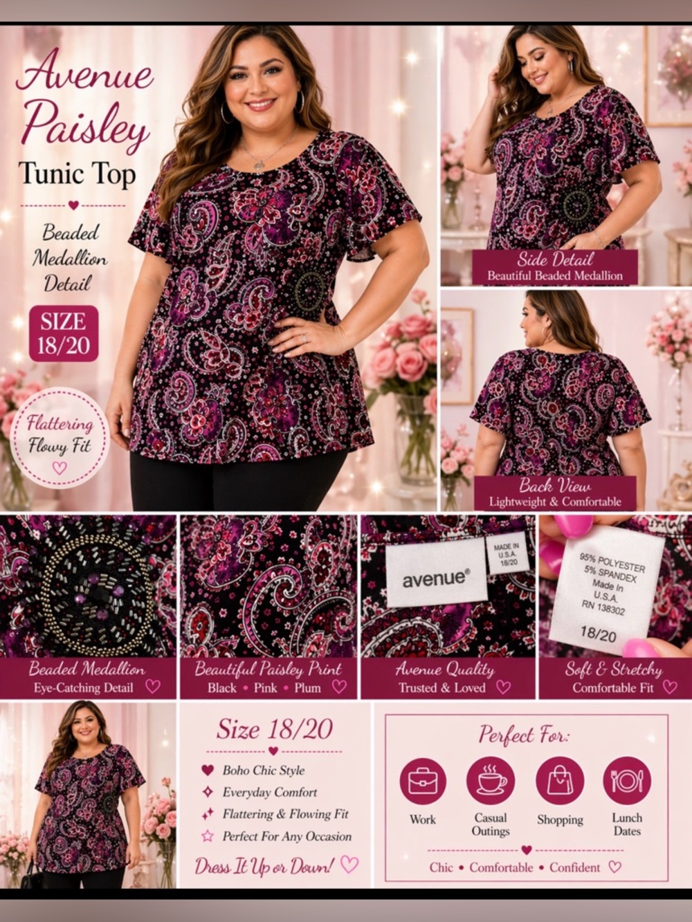 Avenue Black and Pink Paisley Tunic Top With Side Beaded Medallion